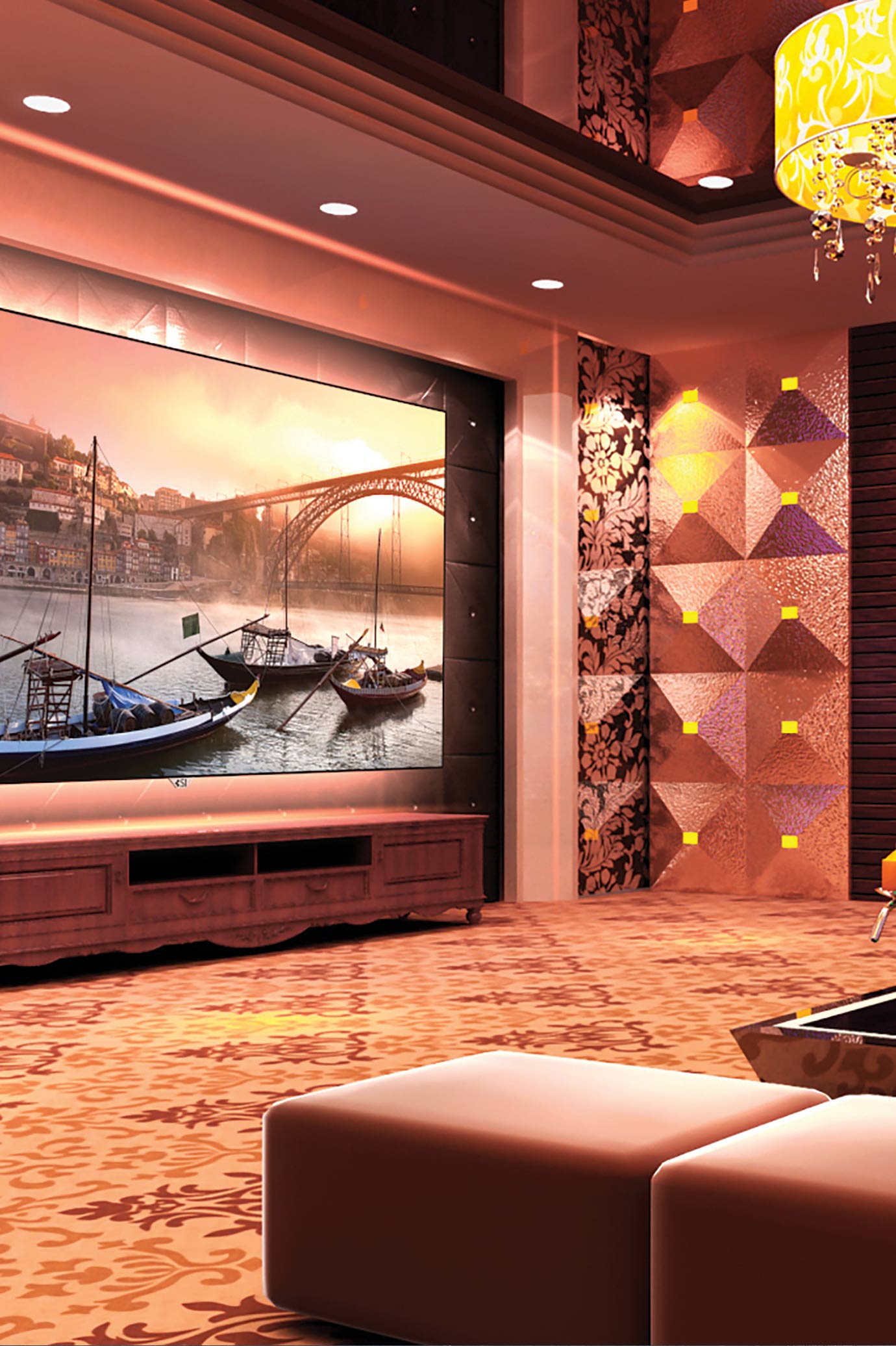 Home theater with red tones